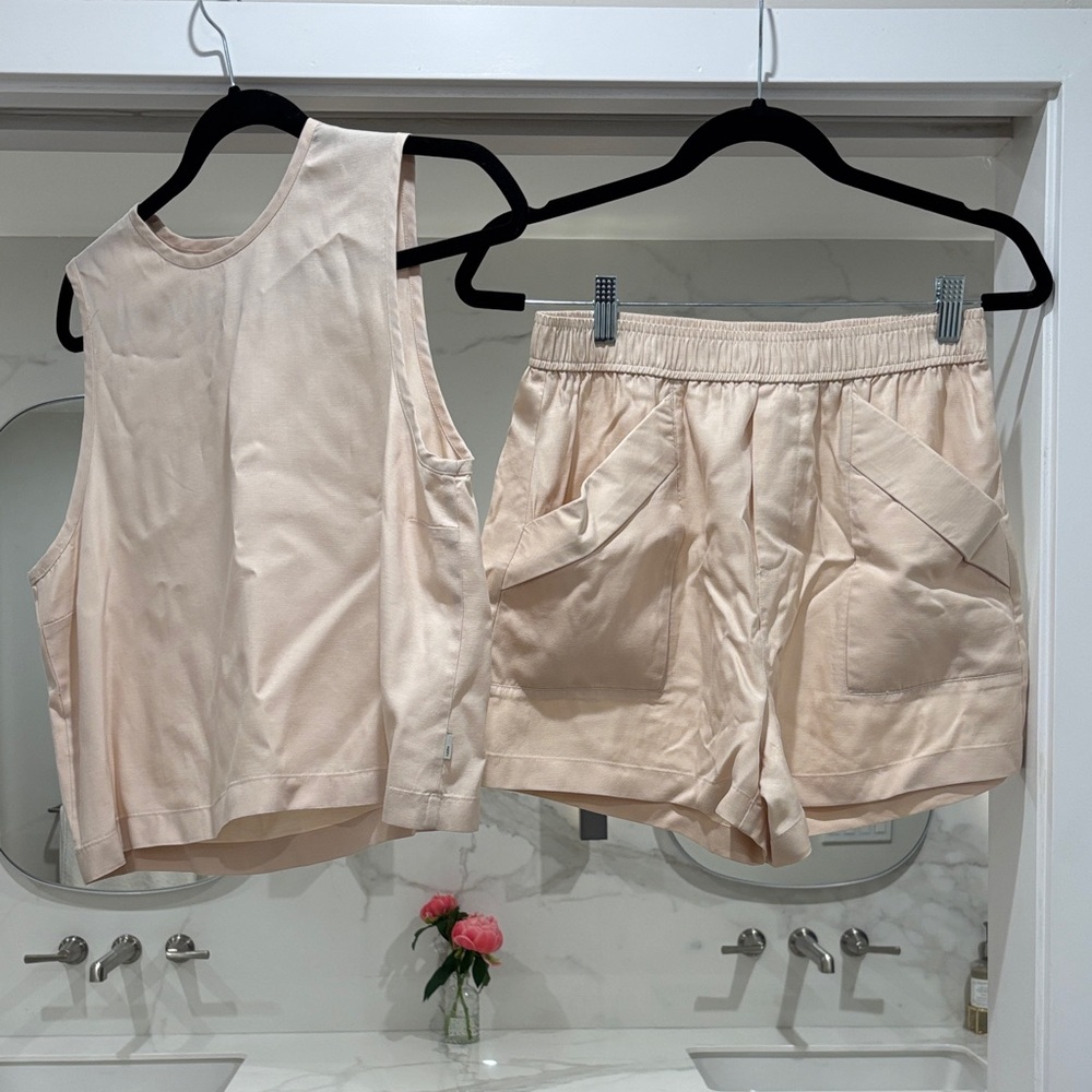 Vuori Trestles Twill Sleeveless Top & Elastic-Waist Shorts. Color: Sand